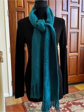 Soft Furry Rectangle 74” X 9” Teal Blue Scarf With Fringe